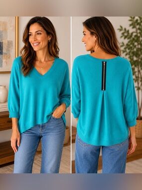 Autumn Cashmere V-Neck Short Sleeve Cashmere Sweater - Turquoise Blue
